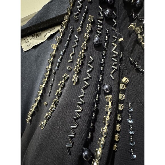 IEENA for MAC DUGGAL Women Long Sleeve Faux Wrap Jersey Gown Navy Embellished Dr - Picture 6 of 6